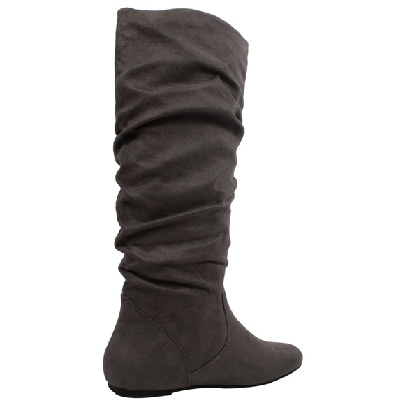 Grey Faux Suede Slouchy Knee High Flat Boot - Picture 4 of 7